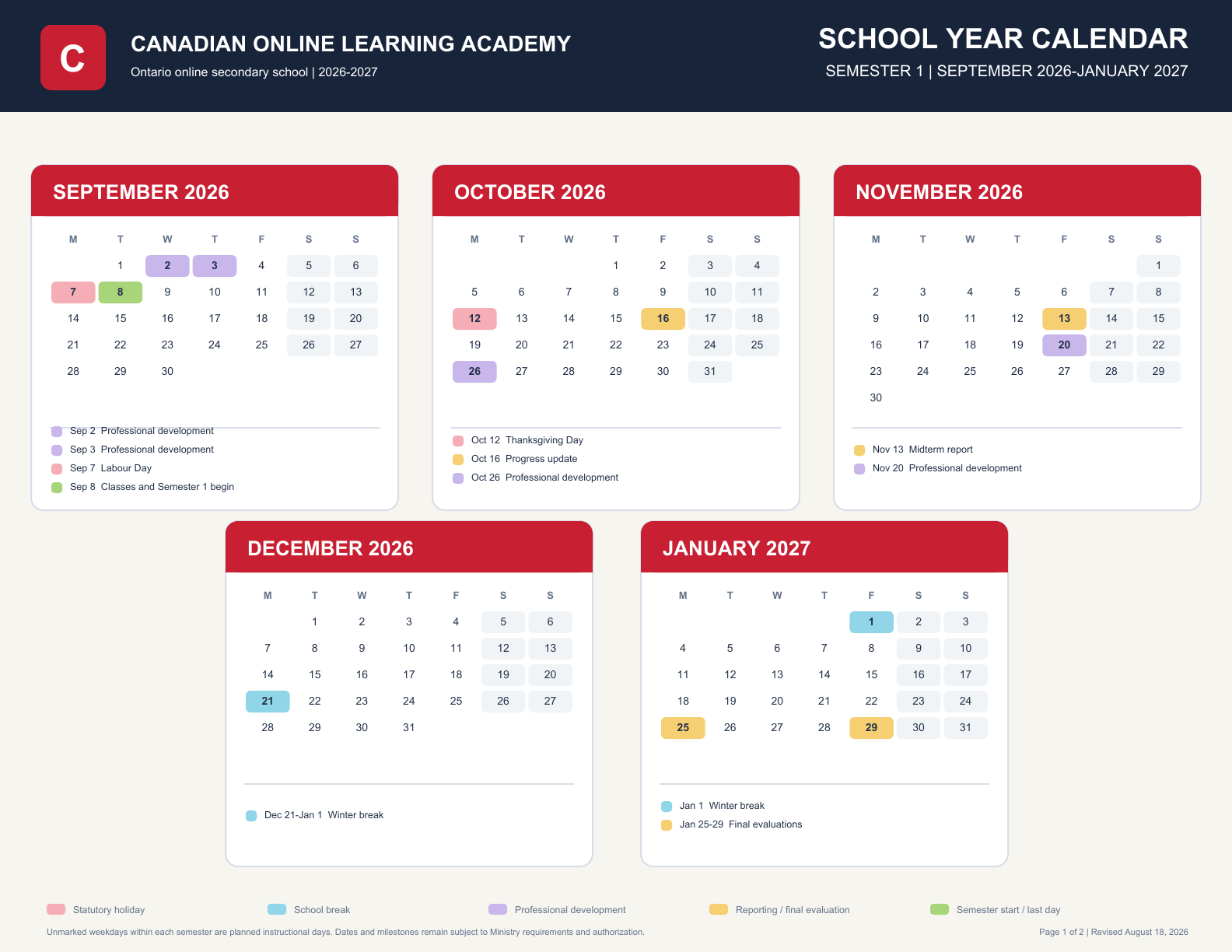 COLA Semester 1 calendar showing September 2026 through January 2027 dates
