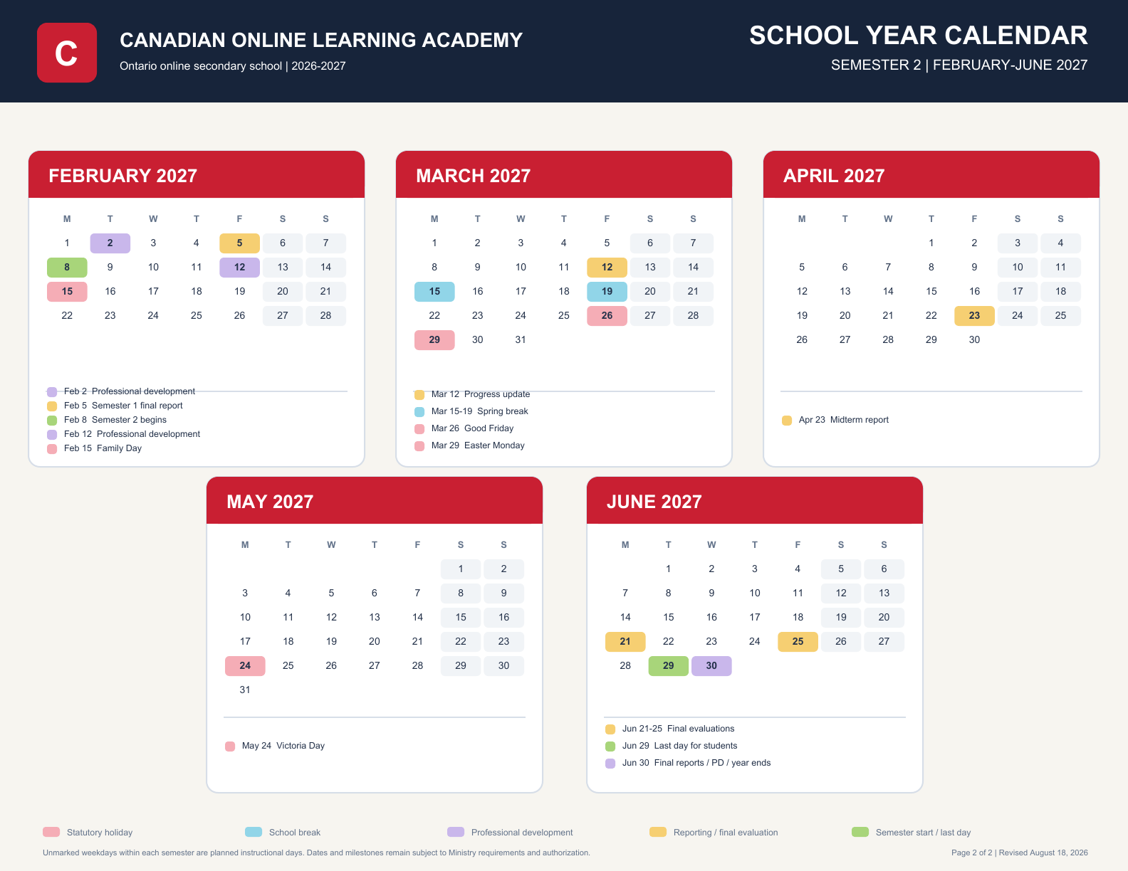 COLA Semester 2 calendar showing February through June 2027 dates